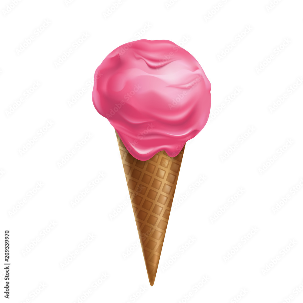 Vector 3d realistic pink ice cream in waffle cone isolated on white background. Sweet summer dessert with berry taste. Milk natural frozen product. Design element for package or ad poster, banner. Vector 3d realistic pink ice cream in waffle cone isolated on white background. Sweet summer dessert with berry taste. Milk natural frozen product. Design element for package or ad poster, banner.