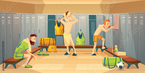Vector changing room with football players, athletes. Sportsmen after training, lockers with uniform, costumes for team. Cartoon background with school gym.