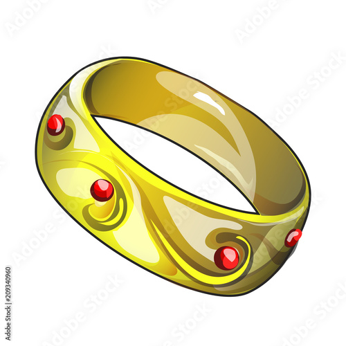 Golden ring isolated on white background. Vector cartoon close-up illustration.