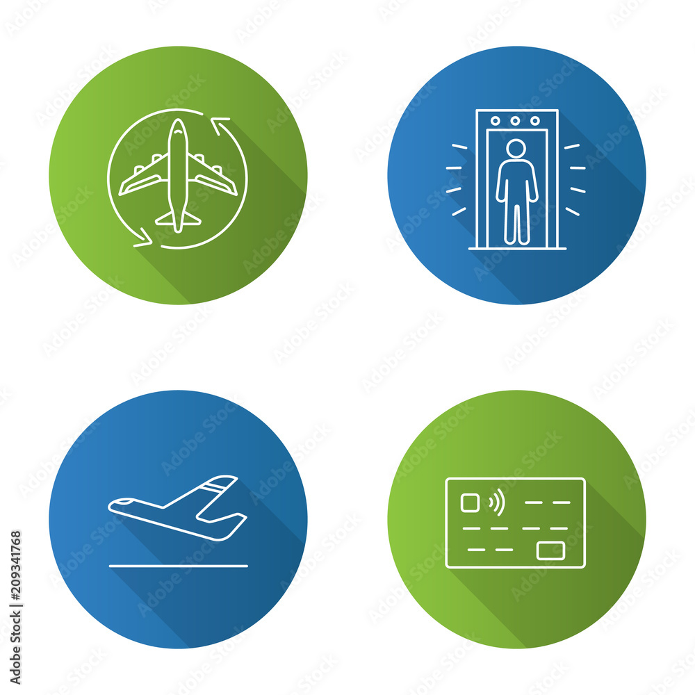 Airport service flat linear long shadow icons set Airport service flat linear long shadow icons set