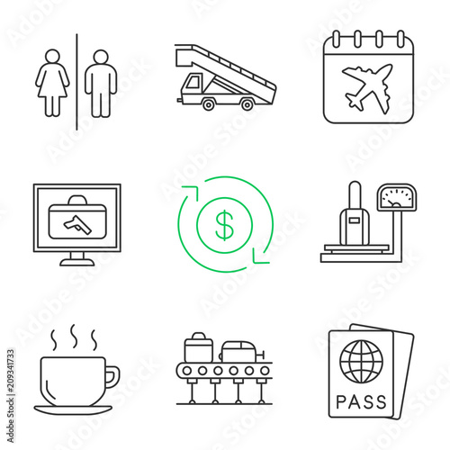 Airport service linear icons set