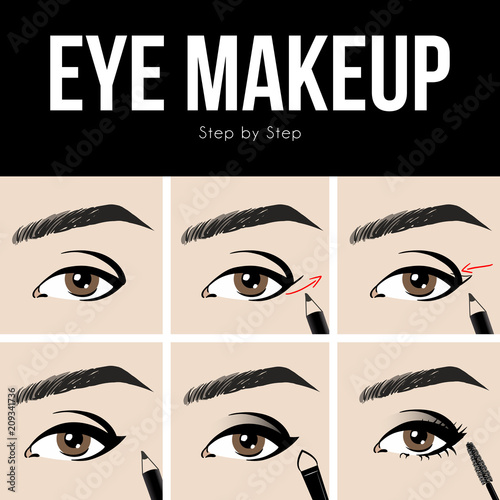 Make up tutorial set - stages of applying beige shadow on brown women eye with brow and lashes. eyeshadow apply step by step. makeup concept, vector art image illustration isolated on white background