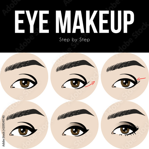 Make up tutorial set - stages of applying beige shadow on brown women eye with brow and lashes. eyeshadow apply step by step. makeup concept, vector art image illustration isolated on white background