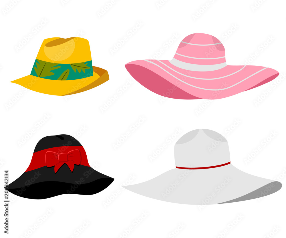 Summer beach hats illustration. Vector flat cartoon set of male and female headdresses isolated on white background. Summer beach hats illustration. Vector flat cartoon set of male and female headdresses isolated on white background.