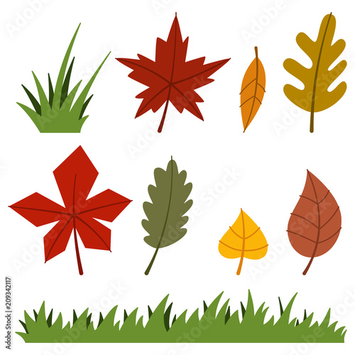 Autumn leaves and grass. Vector flat icons set for fall season isolated on white background.