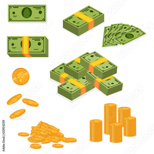 Stack of money and pile of cash. Dollar banknote and gold coins icons set. Vector cartoon flat illustration of paper and metallic currency isolated on white background.