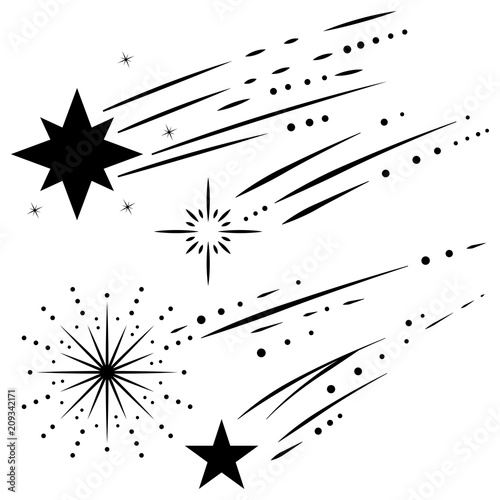 Shooting and falling stars, meteorites and comets vector black silhouette icons set isolated on white background.