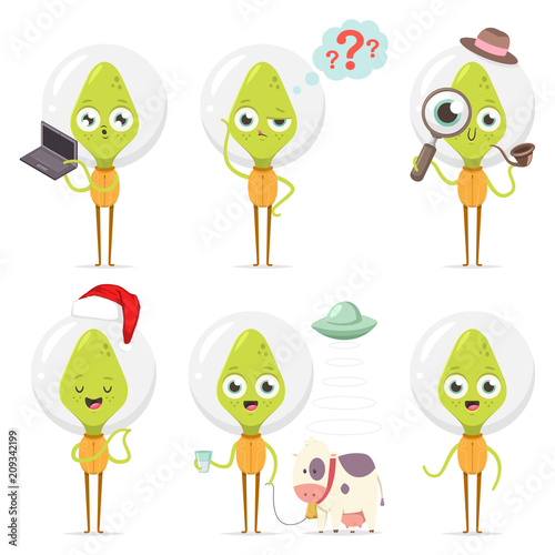 Cute green alien cartoon character in a detective costume, in Santa Claus hat, with a thinking speech bubble, laptop, cow and UFO. Vector set isolated on a white background.