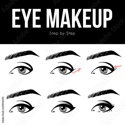Make up tutorial set - stages of applying beige shadow on brown women eye with brow and lashes. eyeshadow apply step by step. makeup concept, vector art image illustration isolated on white background