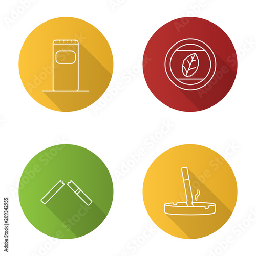 Smoking flat linear long shadow icons set