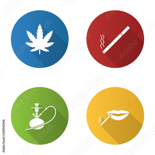 Smoking flat design long shadow glyph icons set