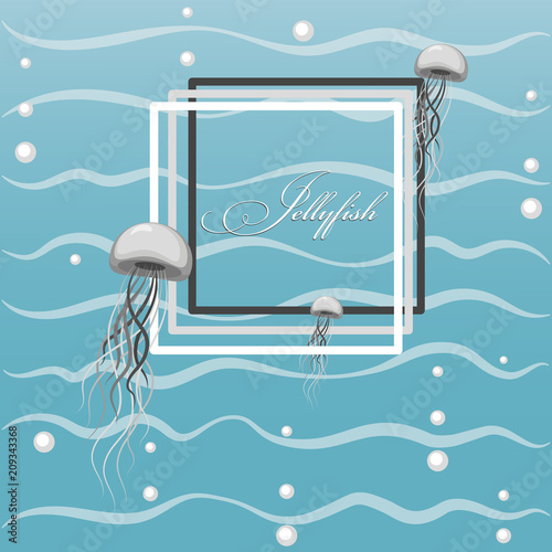 Poster with floating jellyfish. Jellyfish and air bubbles against the background of sea waves. Flat style. Design for postcards, ads, packaging materials.