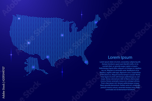 Silhouette of USA country from wavy blue space sinusoid lines and glowing stars. Contour state of creative luminescence curve. Vector illustration.