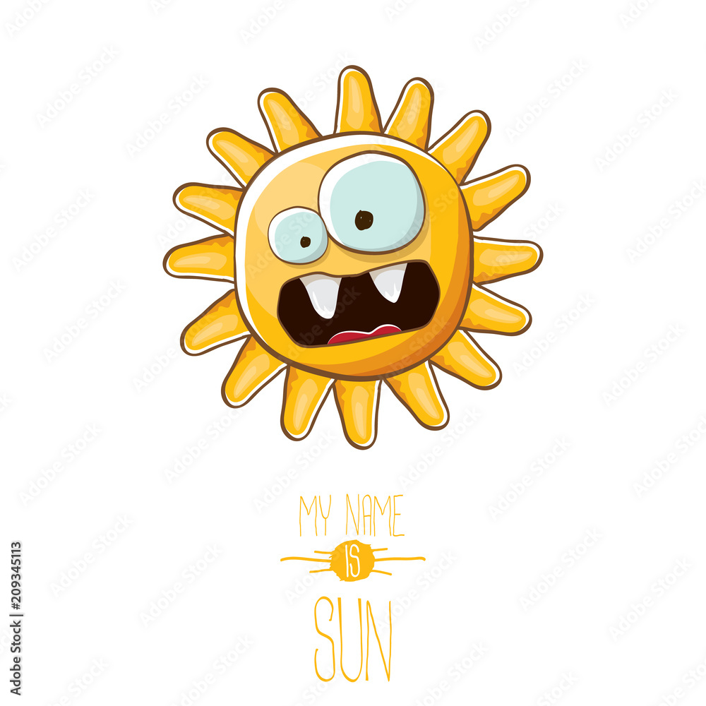 vector funky cartoon style summer sun character isolated on white background. My name is sun concept illustration. funky kids summer character with eyes and mouth vector funky cartoon style summer sun character isolated on white background. My name is sun concept illustration. funky kids summer character with eyes and mouth
