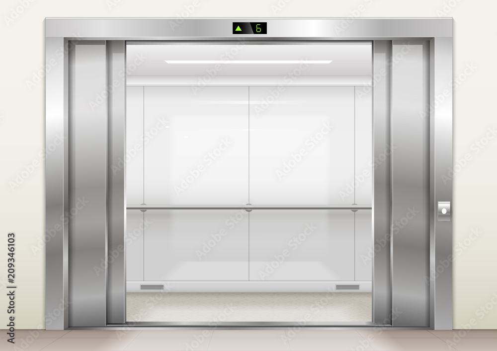Open the door of the freight elevator hospital or office building. Metal armored sliding door. Open the door of the freight elevator hospital or office building. Metal armored sliding door.