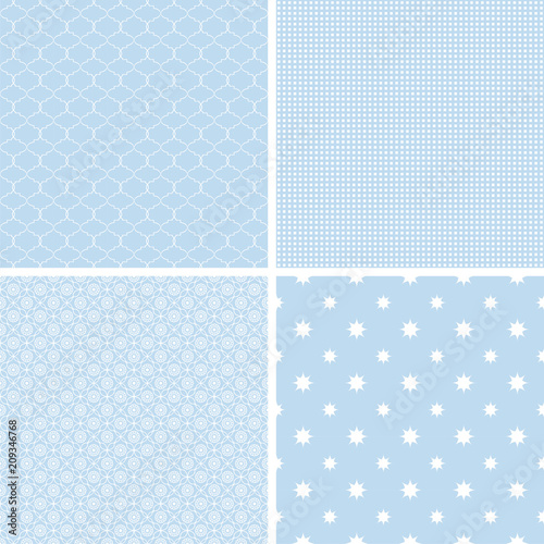 Different blue and white seamless patterns,