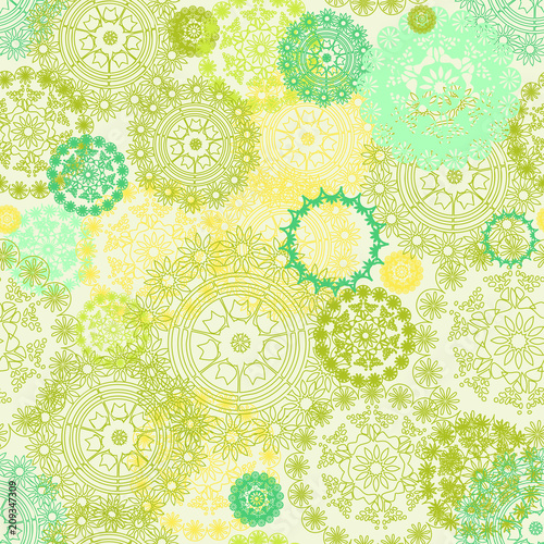 Vector seamless abstract pattern background with circles, mandalas, doilies in blue yellow and green pastel colors. Perfect for fabric, gift wrap, scrap booking, wallpaper, backdrop, cards.
