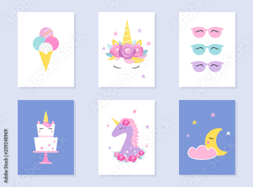 Kids Slumber and Summer Party Invites. Unicorns and Moon. Vector Design