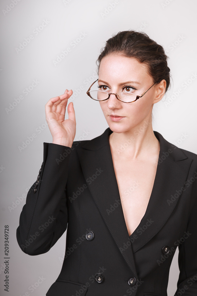 Woman. Glasses. Jacket. Isolated on white background Woman. Glasses. Jacket. Isolated on white background