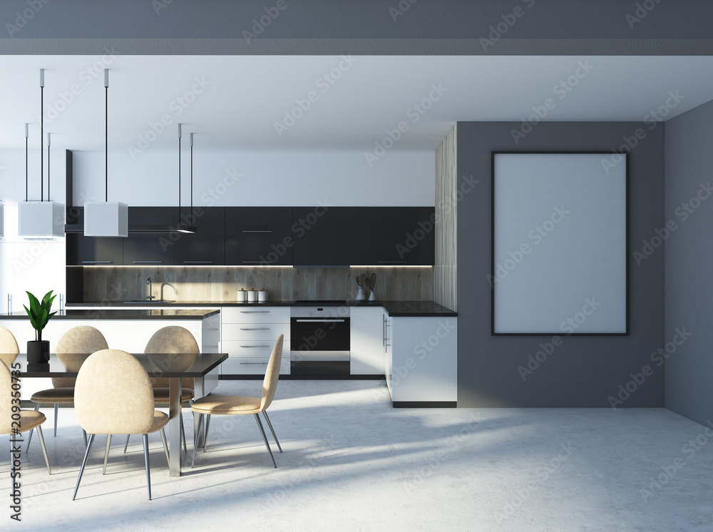 White and wooden loft kitchen, table and poster White and wooden loft kitchen, table and poster