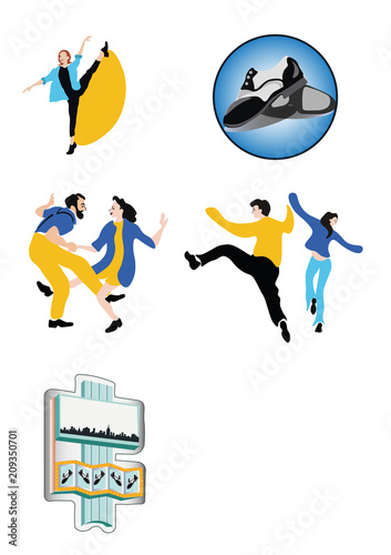 Dancing people and paraphernalia on white backgrounf