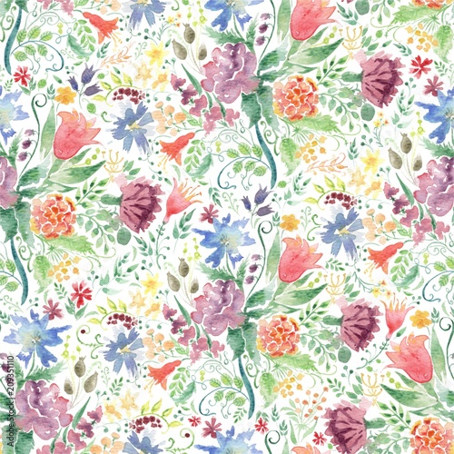 Seamless Watercolor background with floral patterns. Red tulips, chamomile, green leaves. Summer ornament. It can be used for wallpaper, printing on the packaging paper, textiles.