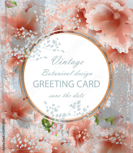 Greeting card with beautiful delicate pink flowers. Botanical detailed stylis...