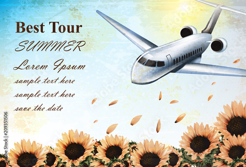 Summer Vacation card with tropic plane flying over sunflowers field Vector. T...