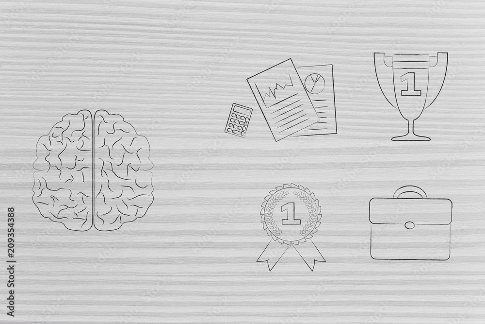 brain next to group of work-related icons and 1st place trophy and ribbon brain next to group of work-related icons and 1st place trophy and ribbon