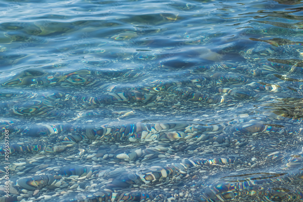 Texture of clear sea water with a translucent bottom, background