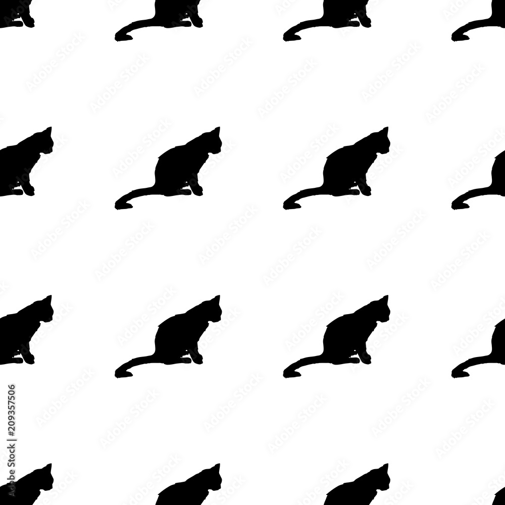 Vector illustration. Isolated silhouette cat sitting. Elegant and cute illustration. Vintage seamless pattern with cats.