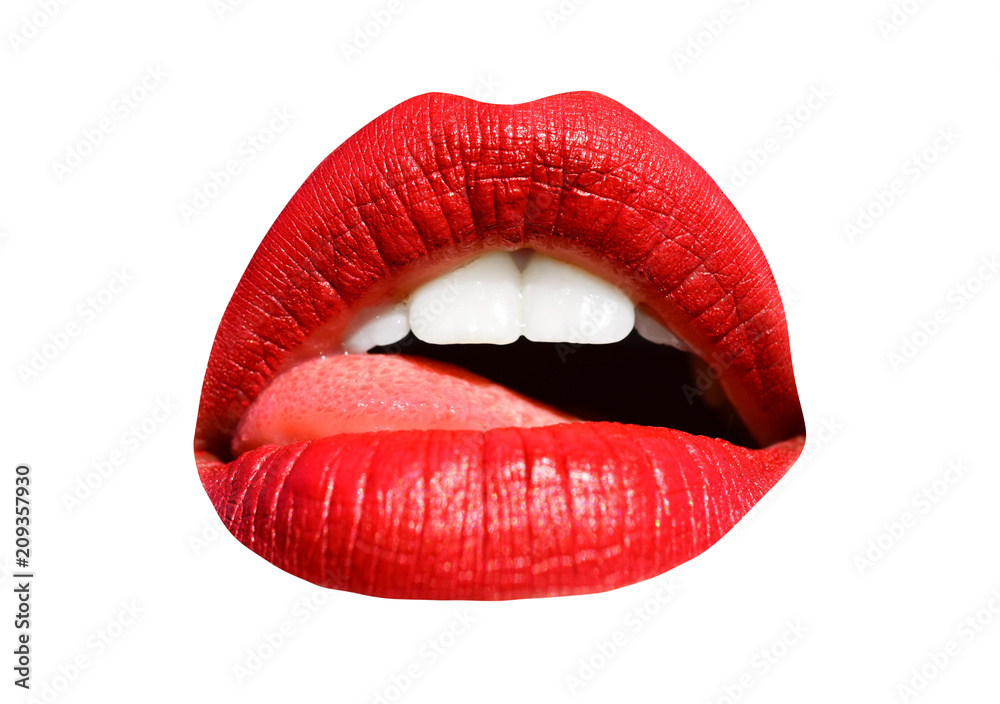 Foto Stock Open mouth with red lipstick, isolated on white | Adobe Stock