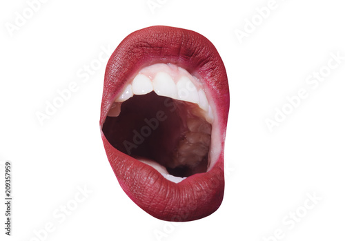 Woman open mouth on white background. Abstract scream background
