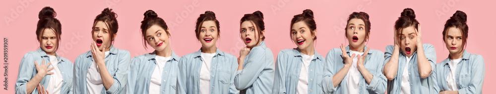 Collage about surprised and happy beautiful woman Collage about surprised and happy beautiful woman