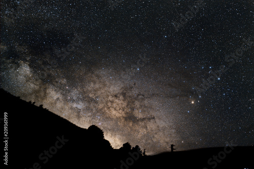 Panorama notturno con parte della via lattea visibile nel cielo buio