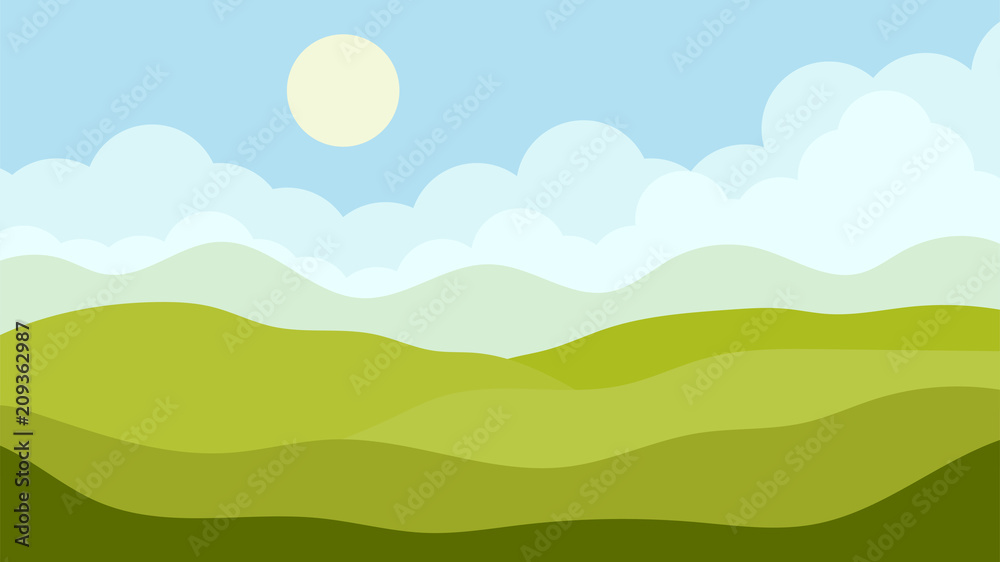 Valley landscape with hills, sky and sun. Vector illustration.