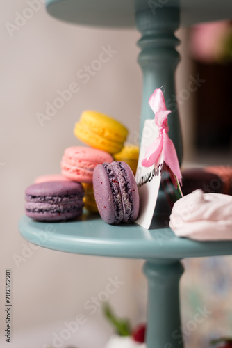 assorted macaroons on a stand, close-up photo