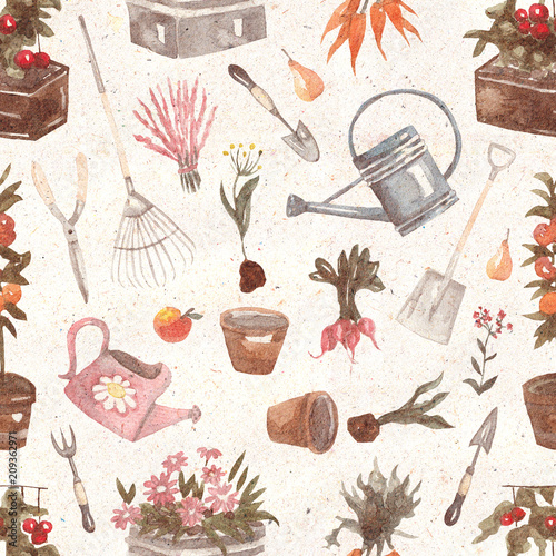 Seamless pattern with flowers, plants and garden tools on kraft textured background