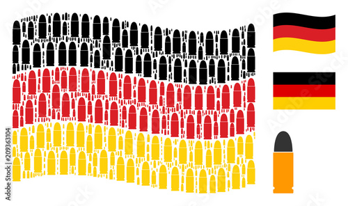 Waving German state flag. Vector ammo bullet elements are united into conceptual Germany flag composition. Patriotic collage constructed of flat ammo bullet icons.