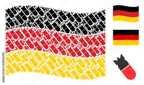 Waving German flag. Vector aviation bomb elements are placed into conceptual Germany flag collage. Patriotic collage created of flat aviation bomb pictograms.