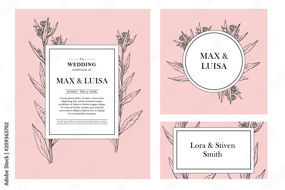 Obraz premium Vintage wedding set with botanical. Wedding invitation, save the date, reception card. Wedding concept. Floral poster, invite.