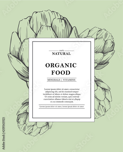 Organic food. Organic botanical design template. Hand drawn Vector illustration of artichoke