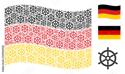 Waving Germany flag. Vector boat steering wheel design elements are arranged into geometric German flag composition. Patriotic concept done of flat boat steering wheel icons.