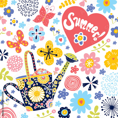 Garden watering can, flowers and butterflies. Cute postcard.