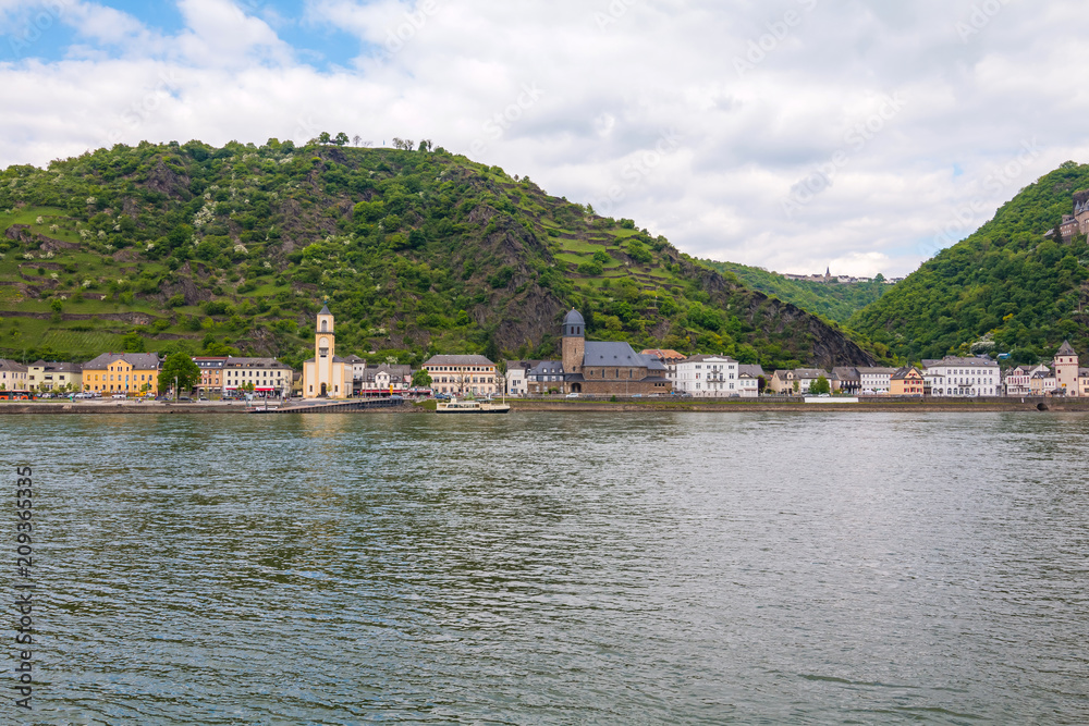 View to river Rhine near Boppard city, Famous popular Wine Village of Boppard at Rhine River, middle Rhine Valley, Germany. Rhine Valley is UNESCO World Heritage Site
