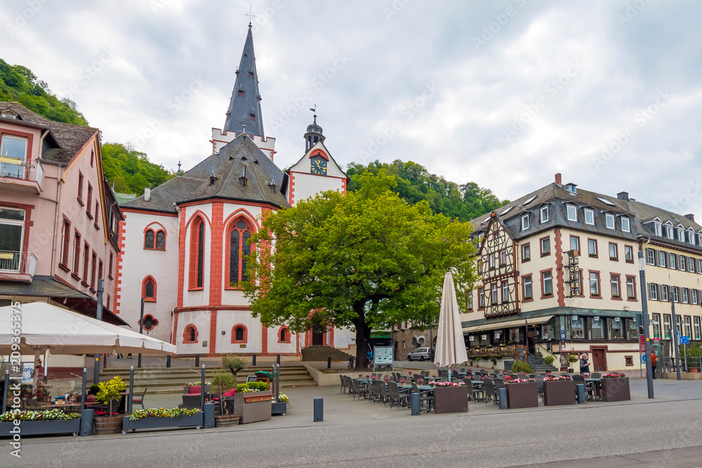 Downtown of Boppard City in Germany. Restaurants in background.