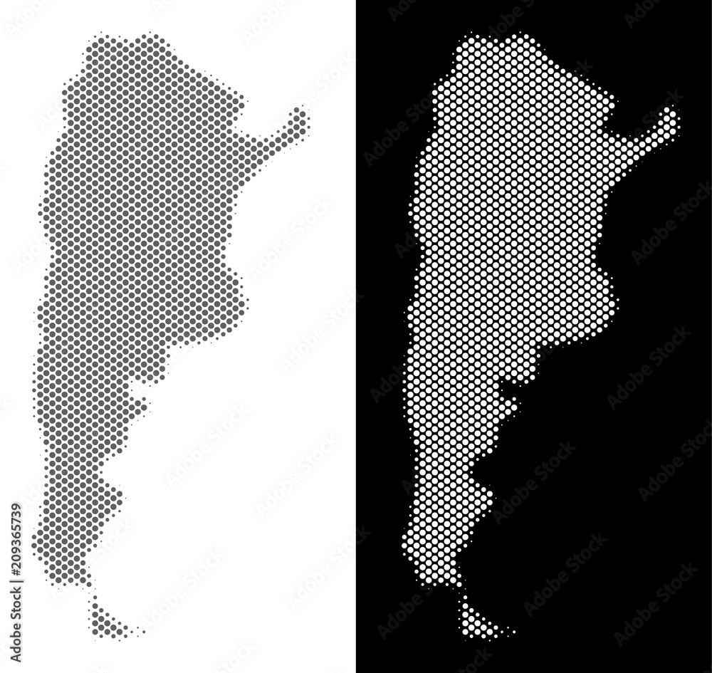 Halftone round spot Argentina map. Vector geographical maps in gray and white colors on white and black backgrounds. Abstract pattern of Argentina map created of circle spots.