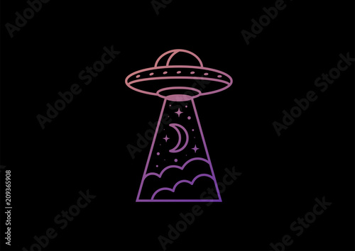Silhouette of line UFO space ship. Alien space ship. Gradient Flying saucer. Vector illustration.