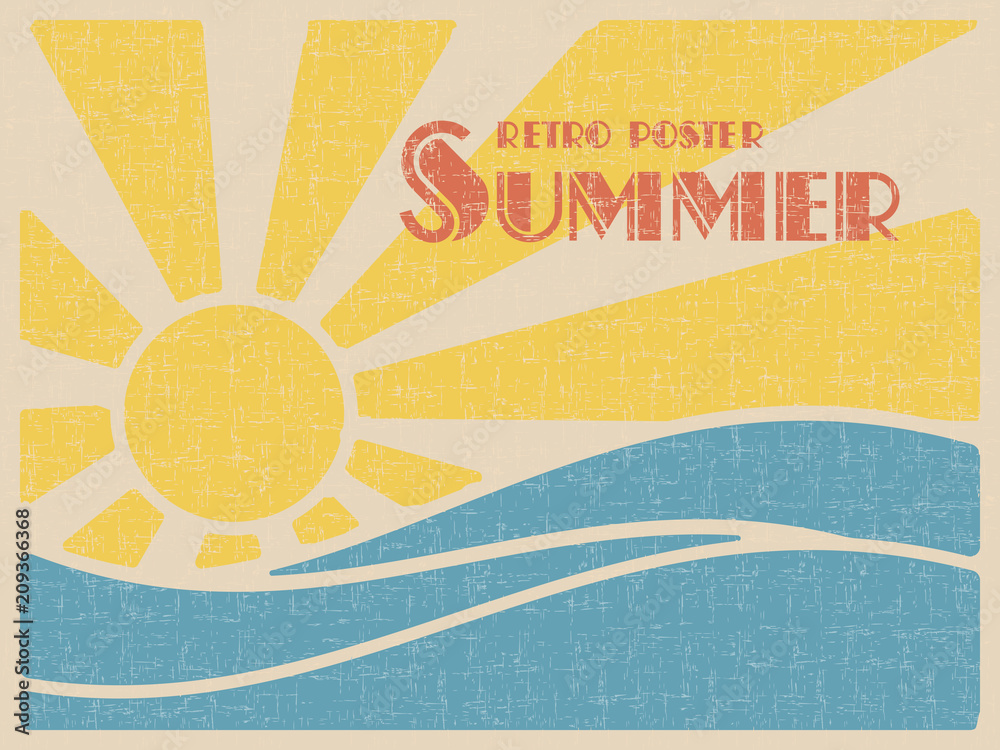 Obraz premium Plakat retro lato. Słońce nad falami morza. Styl vintage grunge