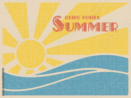 Summer retro poster. Sun over the sea waves. Vintage grunge style